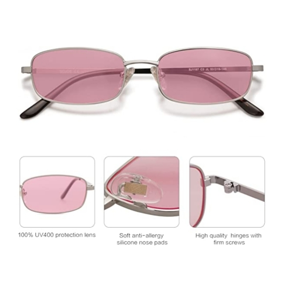 New Pink Retro Hippie Rectangle 70s 80s Small Narrow Sunglasses - Picture 2 of 3